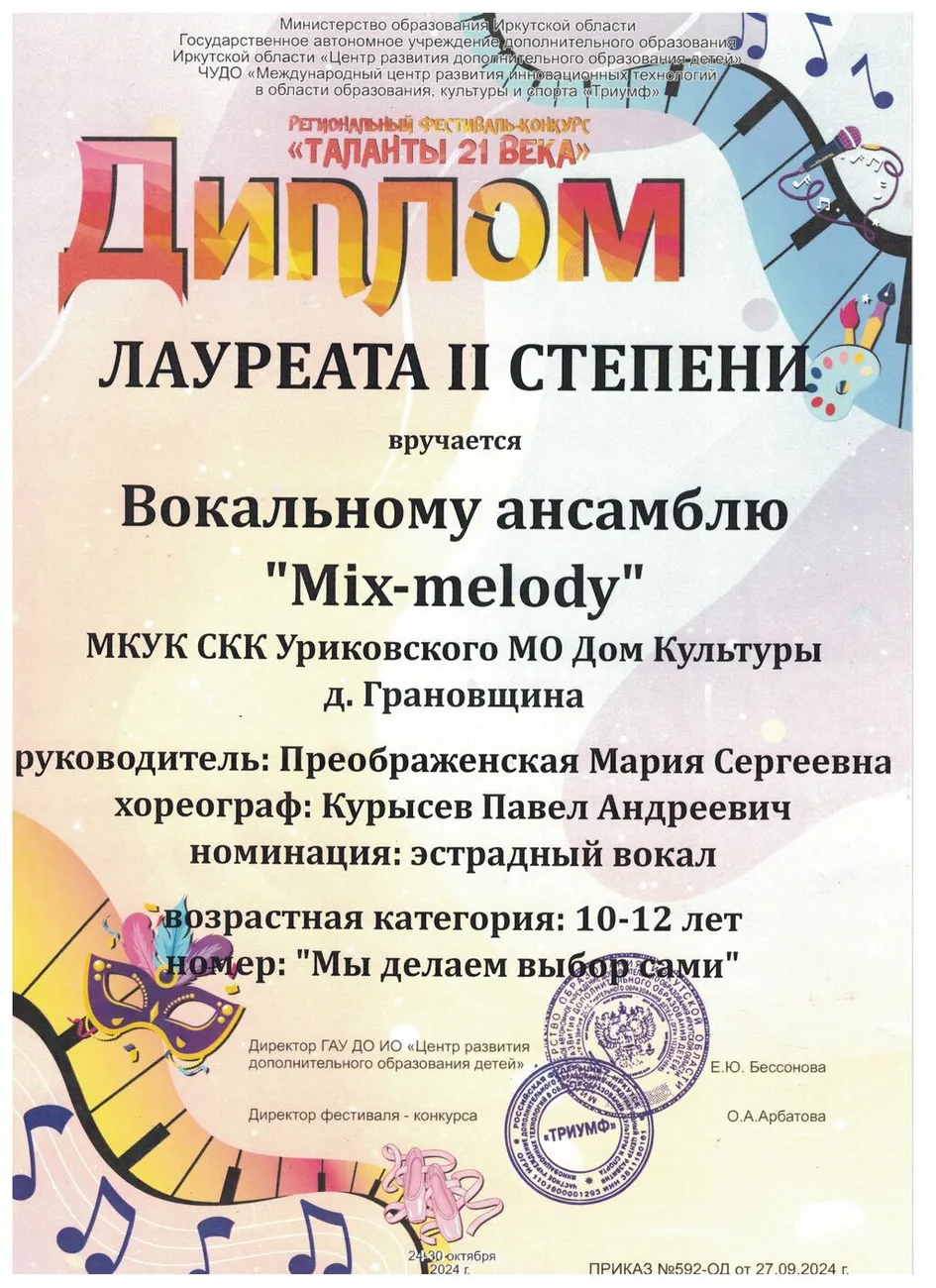 Региональный фестиваль-конкурс Таланты 21 века - Диплом лауреата 2 степени Миксмелоди 2024