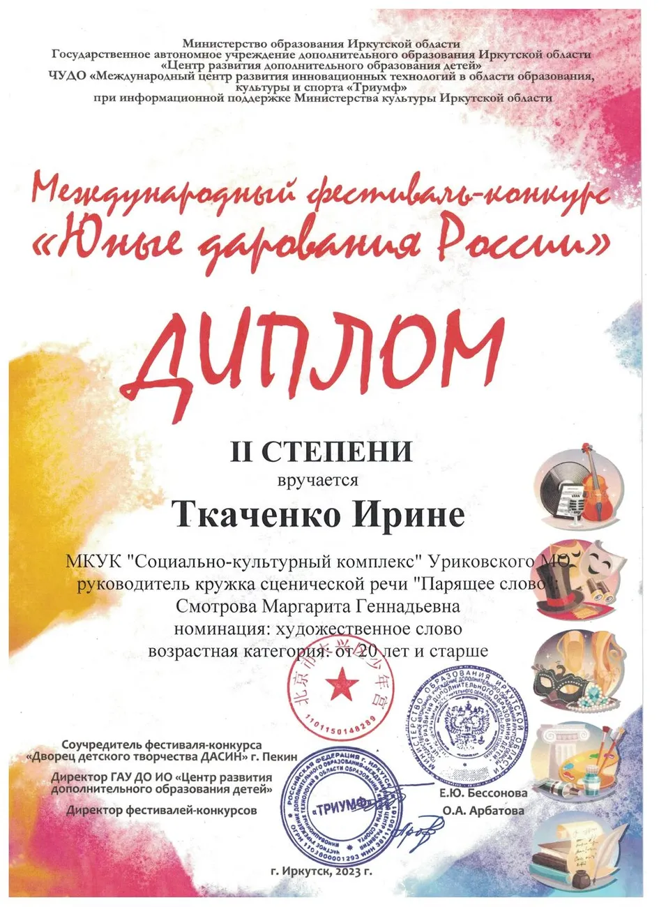 Международный фестиваль-конкурс Юные дарования России - Диплом  2 степени Ткаченко Ирина 2023г.