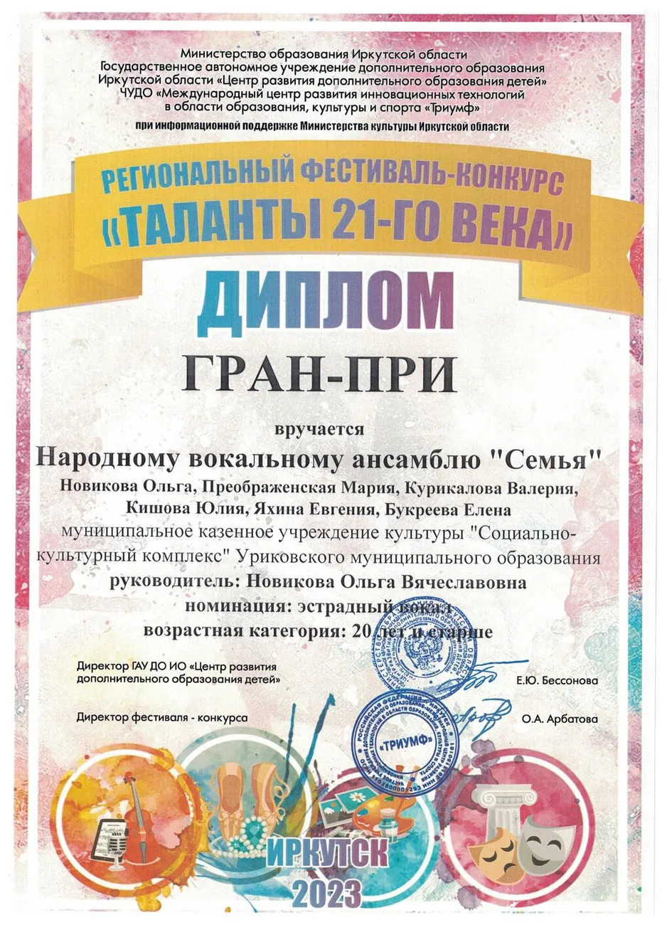 Региональный фестиваль-конкурс таланты 21 века - Диплом Гран-при  Народный вокальный ансамбль Семья 2023